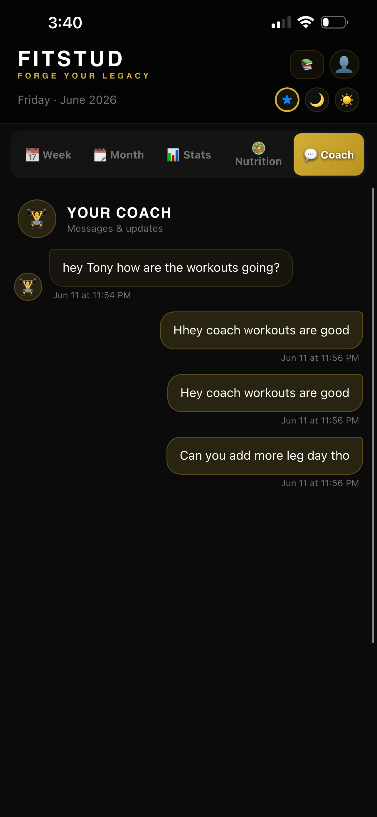 FitStud client app in-app messaging between a client and their coach