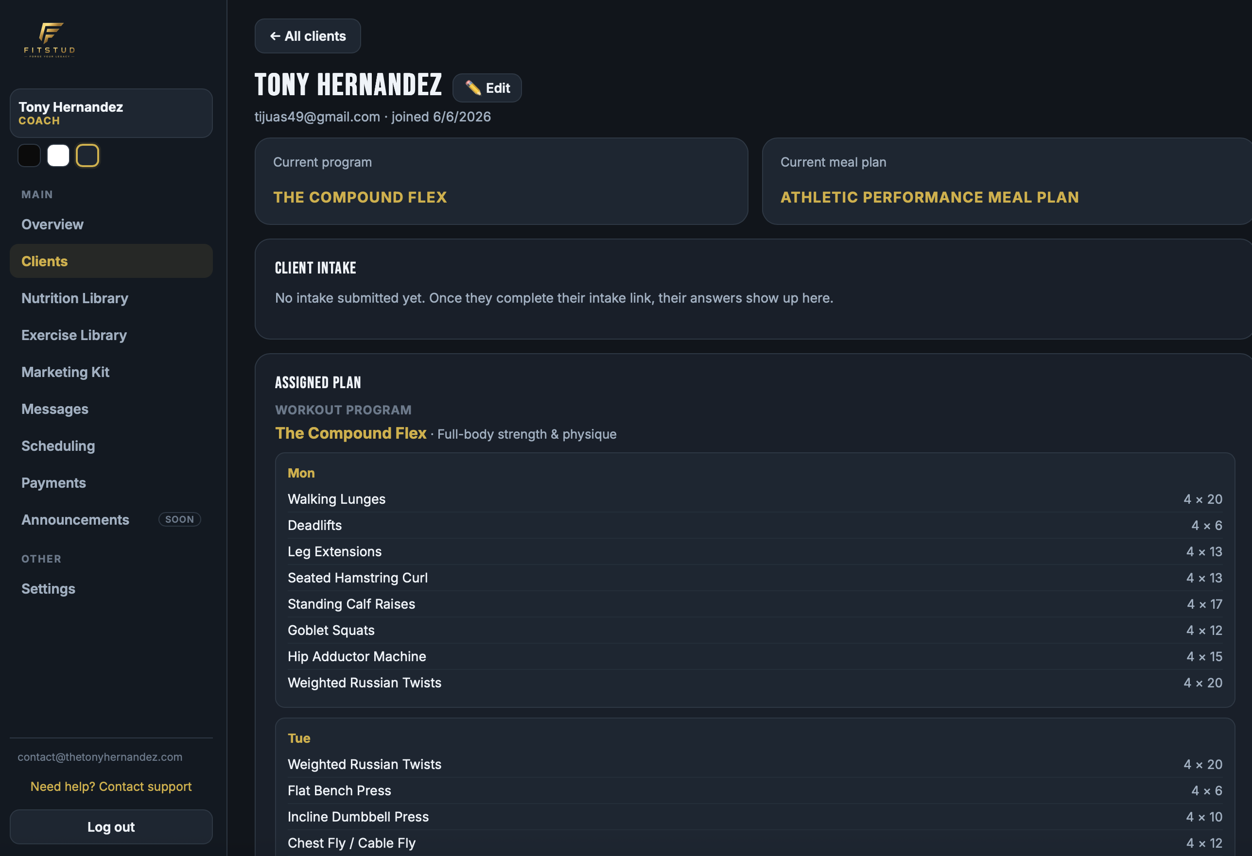 FitStud coach dashboard client detail page with assigned program and meal plan